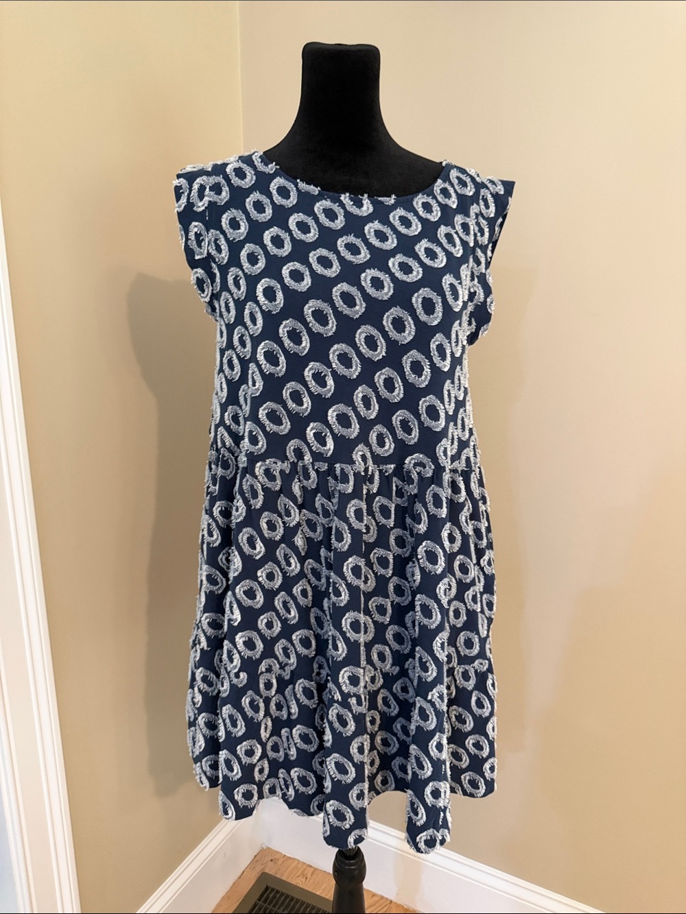 Anthropologie MAEVE Navy Blue Sleeveless Circle-Print Babydoll Dress